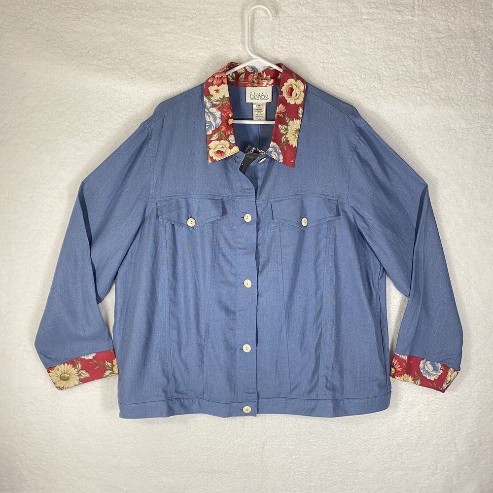 NWT Cedar Canyon Jacket Womens 1X Blue Red Floral Linen Lightweight Shacket QVC